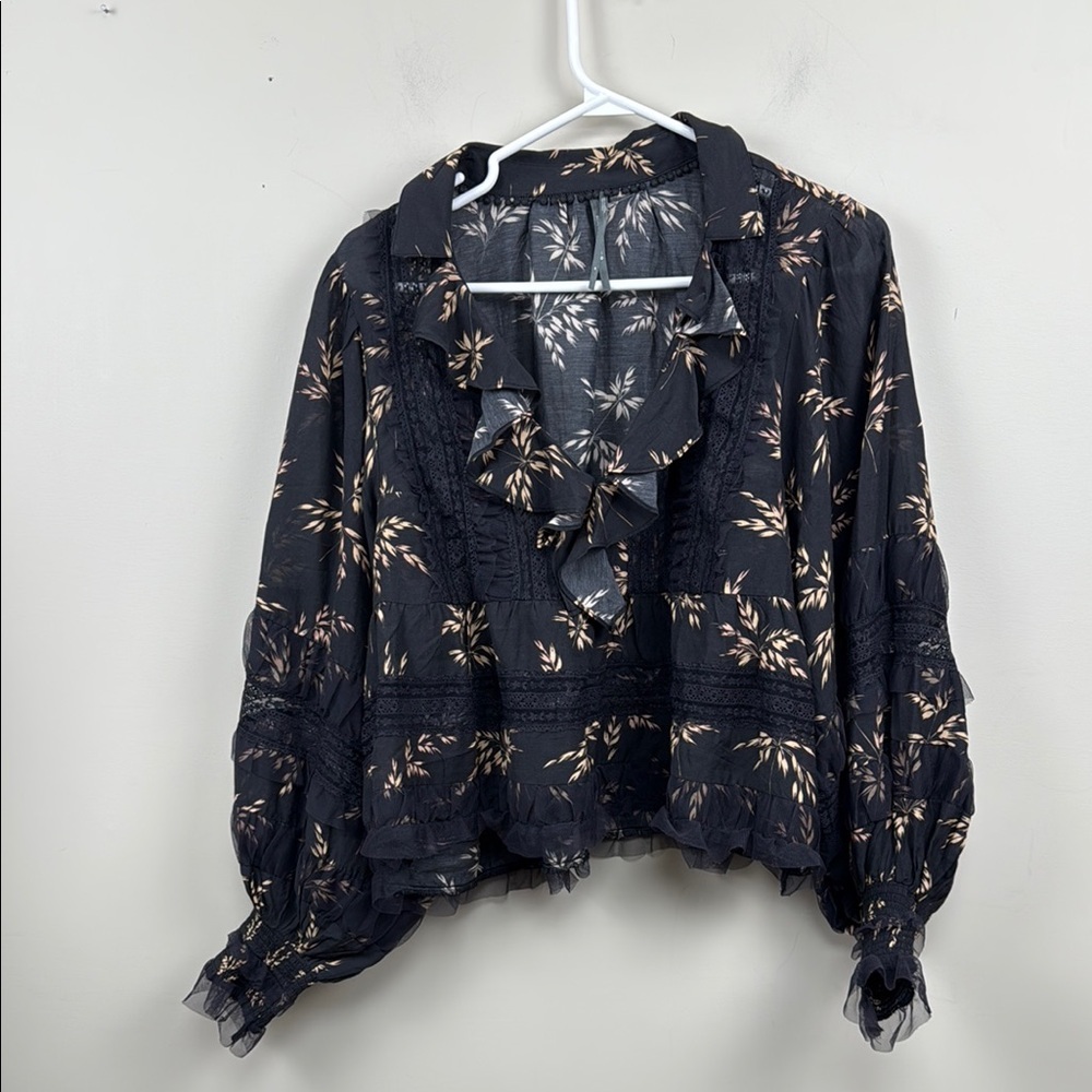 🎀By Anthropologie Ruffled V-Neck Popover embroidered  wheat print  Blouse medium - Picture 5 of 13